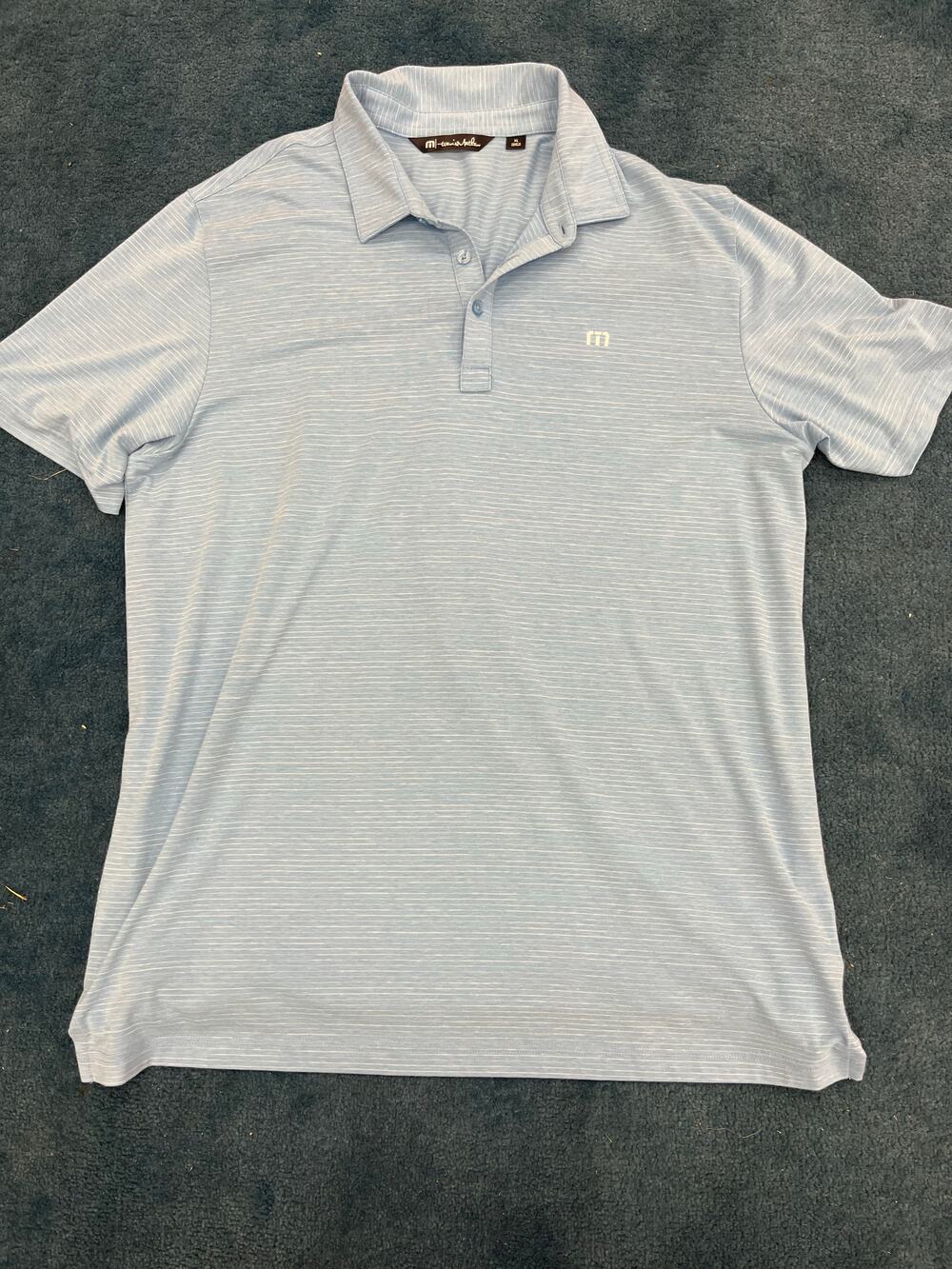 TravisMathew light blue striped short sleeve polo shirt with embroidered chest l
